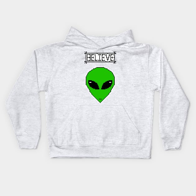 Pixel Little Green Men Believe Kids Hoodie by MacSquiddles